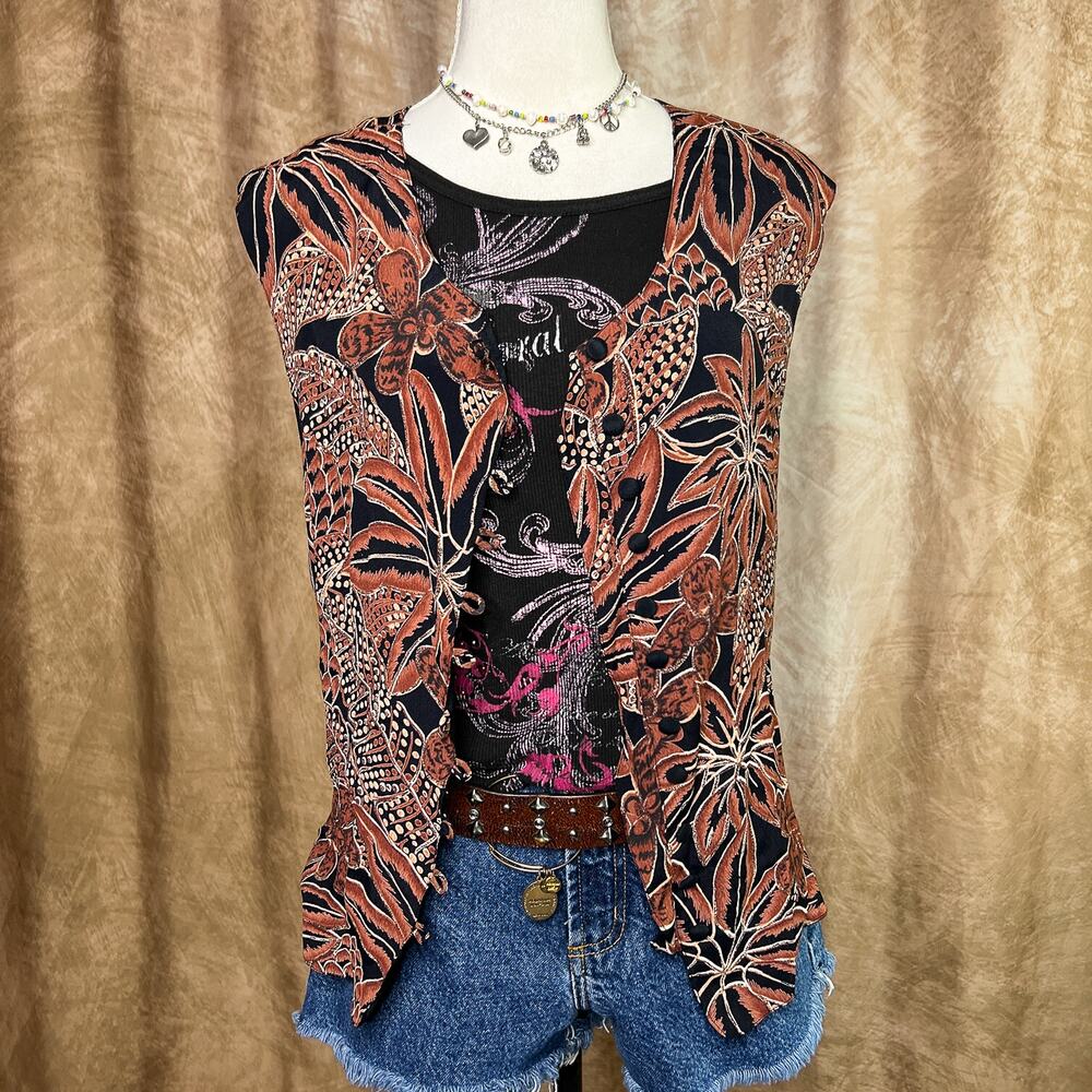 Vintage Floral Vest 90s Tropical Foliage Sleeveless Button Up Earthy Boho Fairy